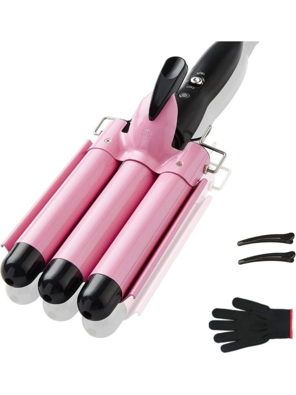 3 Barrel Curling Iron - 1" Crimper Hair Tool for Beach Waves, Pink, 2 Temp